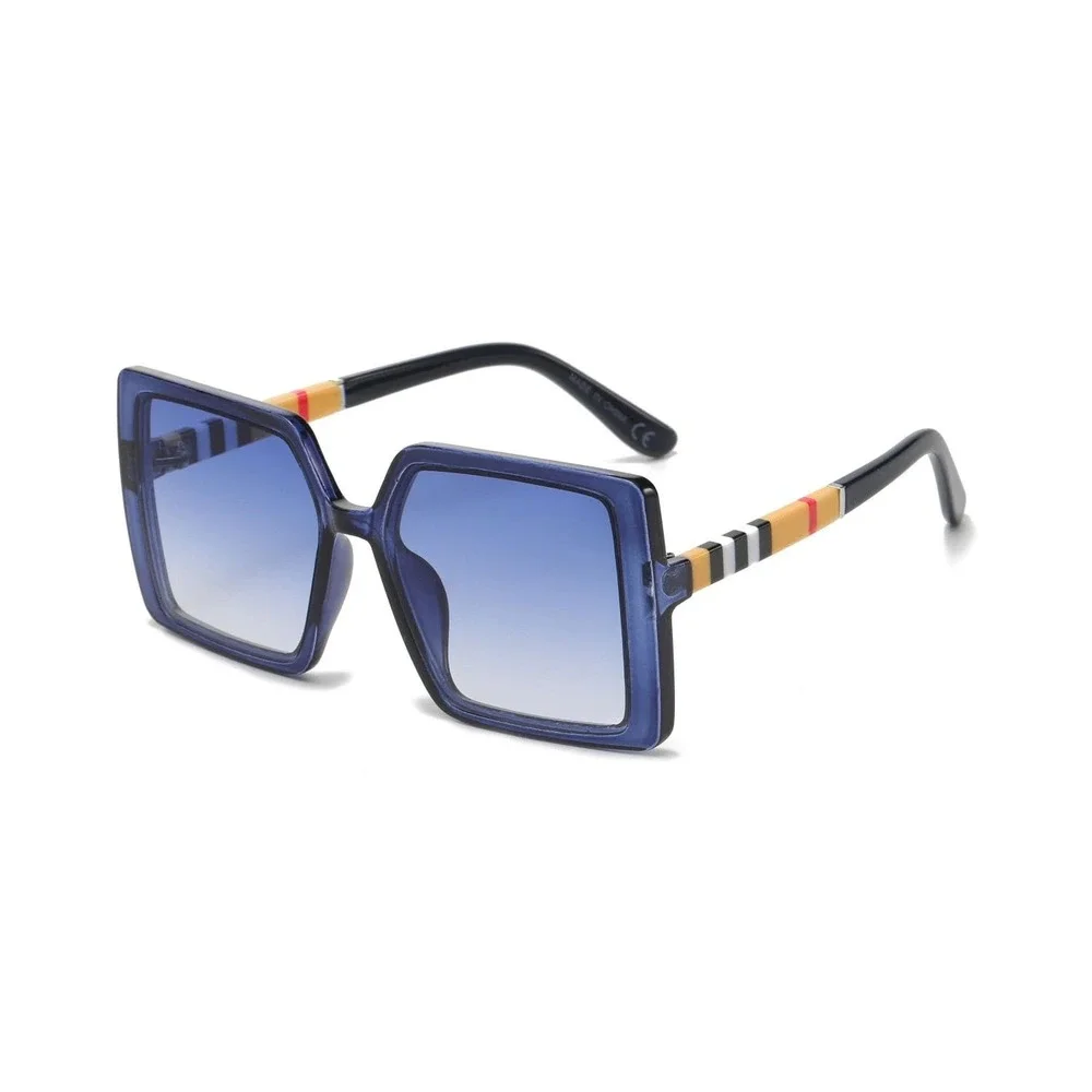 Women Oversized Square Sunglasses Navy Blue Lens Striped Temples Retro Chic 2026